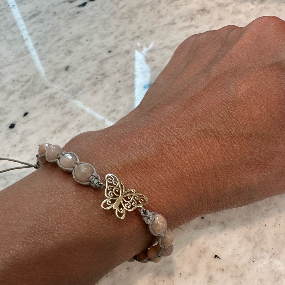 14 karat gold butterfly with beaded adjustable, bracelet, Bead Bracelet